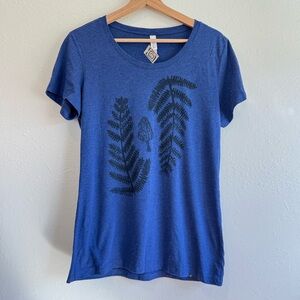 Hand Printed Royal Blue Short Sleeve Tee with Ferns & Mushroom Print | Size XL